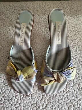Y2K Olivia Rose Tal Stripe Plaid Silk Bow Slide Mules Kitten Heel Size 8